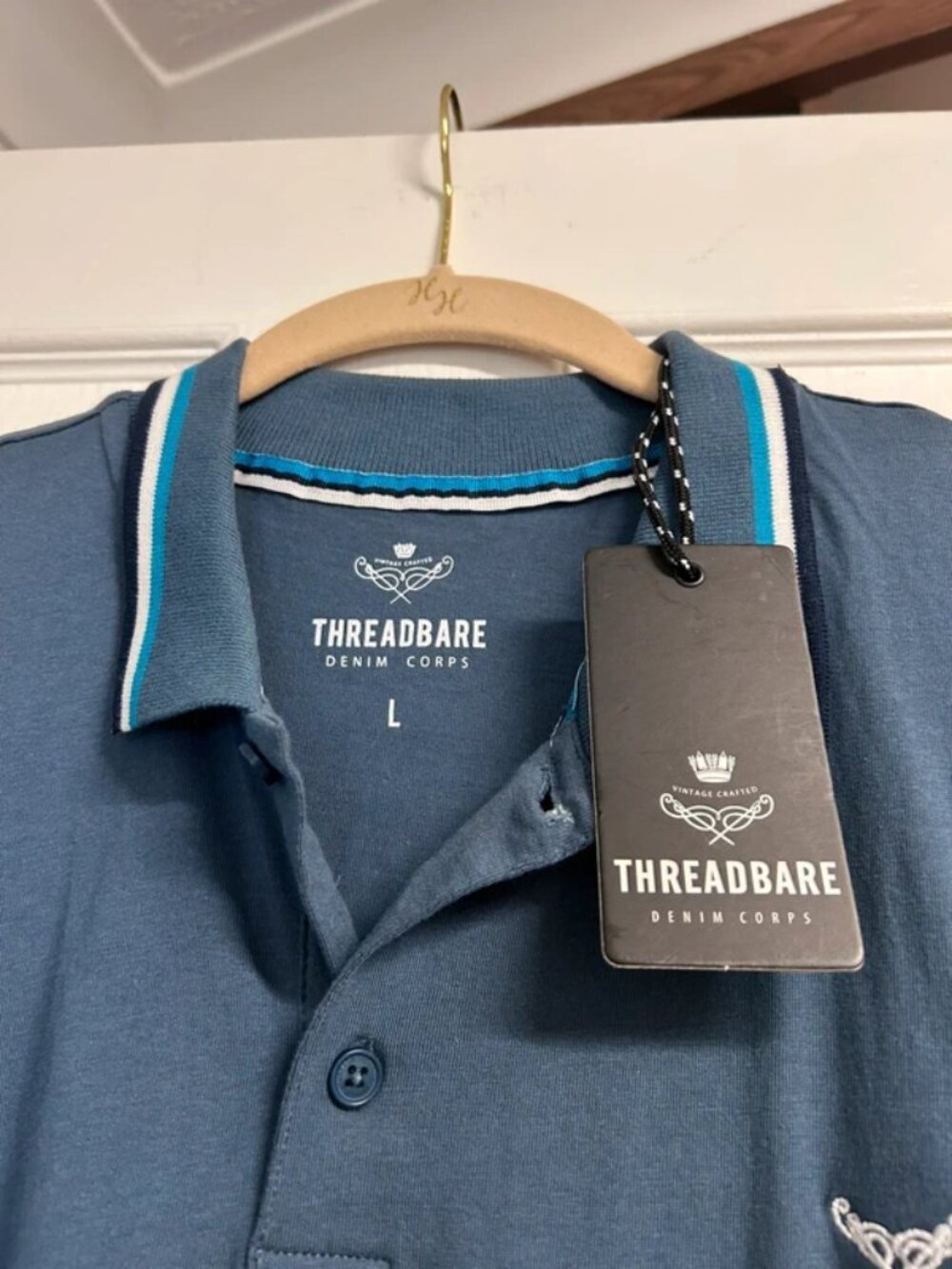 Threadbare Mens L Teal Striped Collar Short Sleeve Polo Shirt NWT - Picture 3 of 5